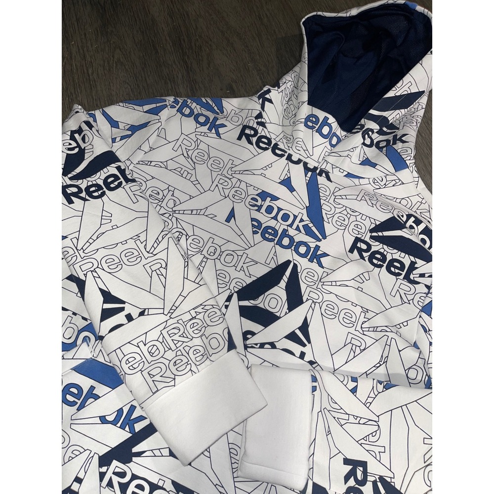 Reebok Mens M White Blue All Over Print Logo Pullover Hoodie Sweatshirt